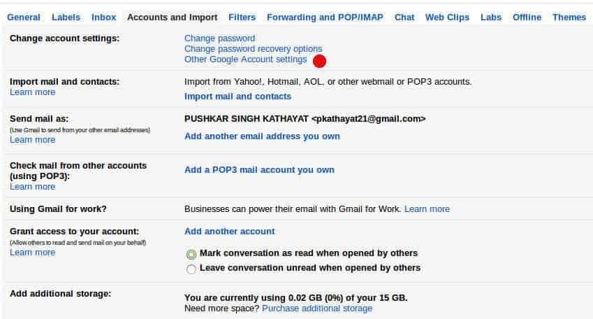 Google Accounts and import tab
