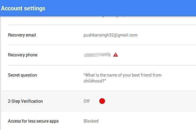 Google Other account setting page