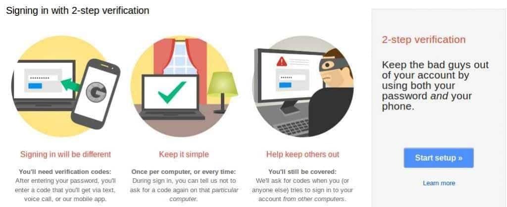 Google 2 step verification start page