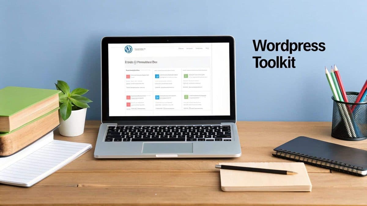 A person working on a laptop with the WordPress logo displayed on a coffee mug beside them, symbolizing the start of a new website project.