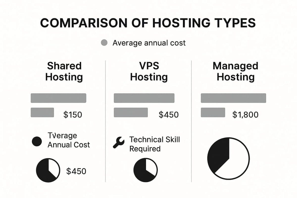 Infographic comparing Shared, VPS, and Managed hosting based on average cost and technical skill required.