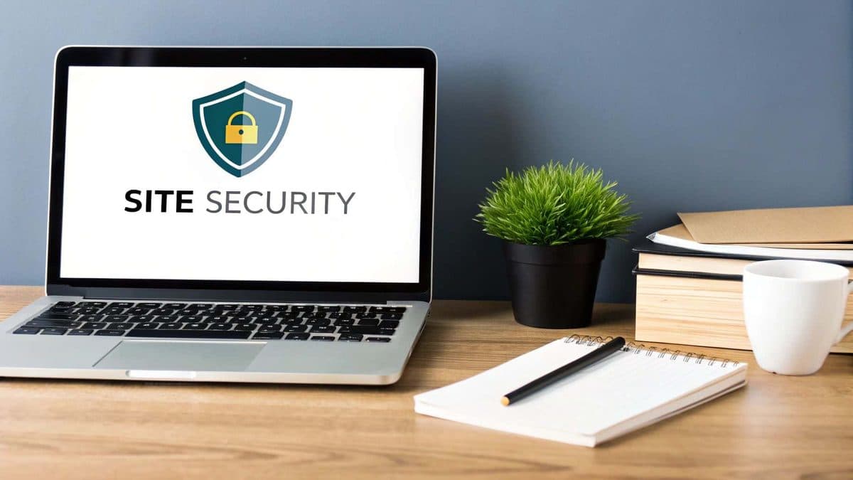 A shield icon superimposed over a website layout, symbolizing digital security and protection.