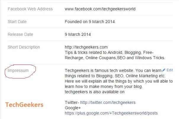 Facebook page impressum live example