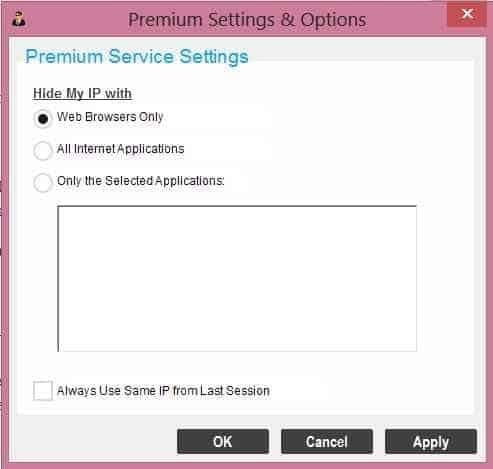 Hide My Ip premium settings and options