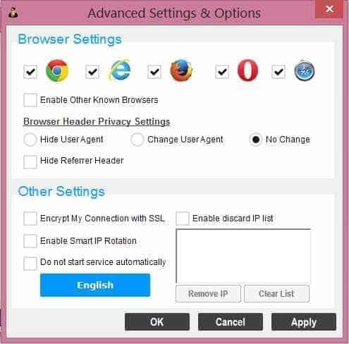 Hide My Ip advanced settings and options