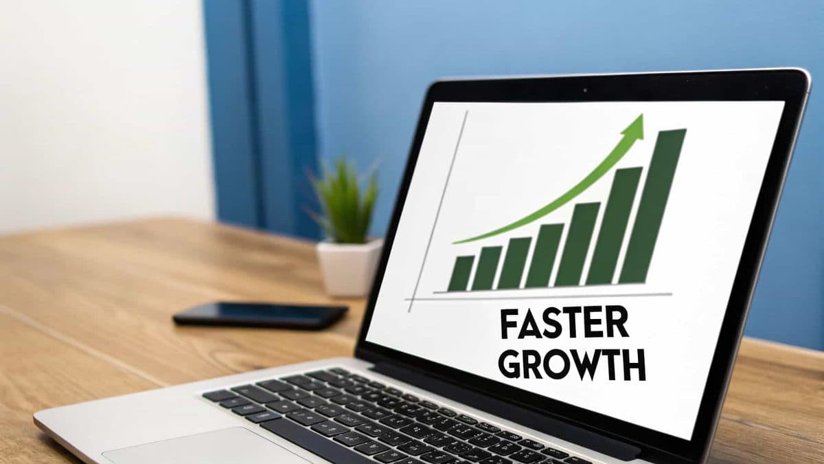 A rocket taking off from a laptop screen, symbolizing speed and business growth.