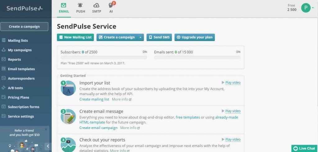 first screen of SendPulse