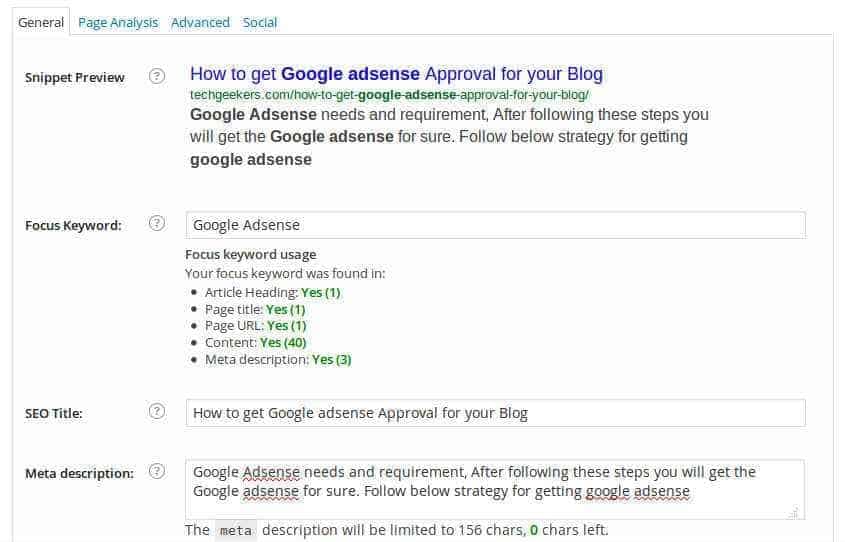 SEO optimization by Yoast for google adsense