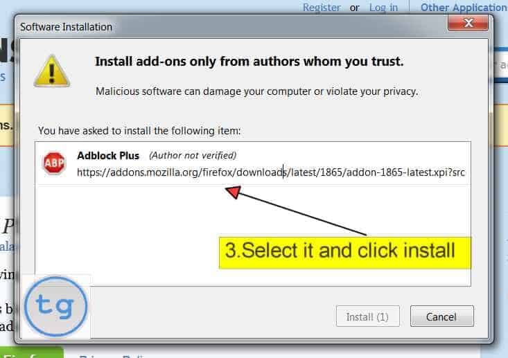 select Adblock Plus and click install