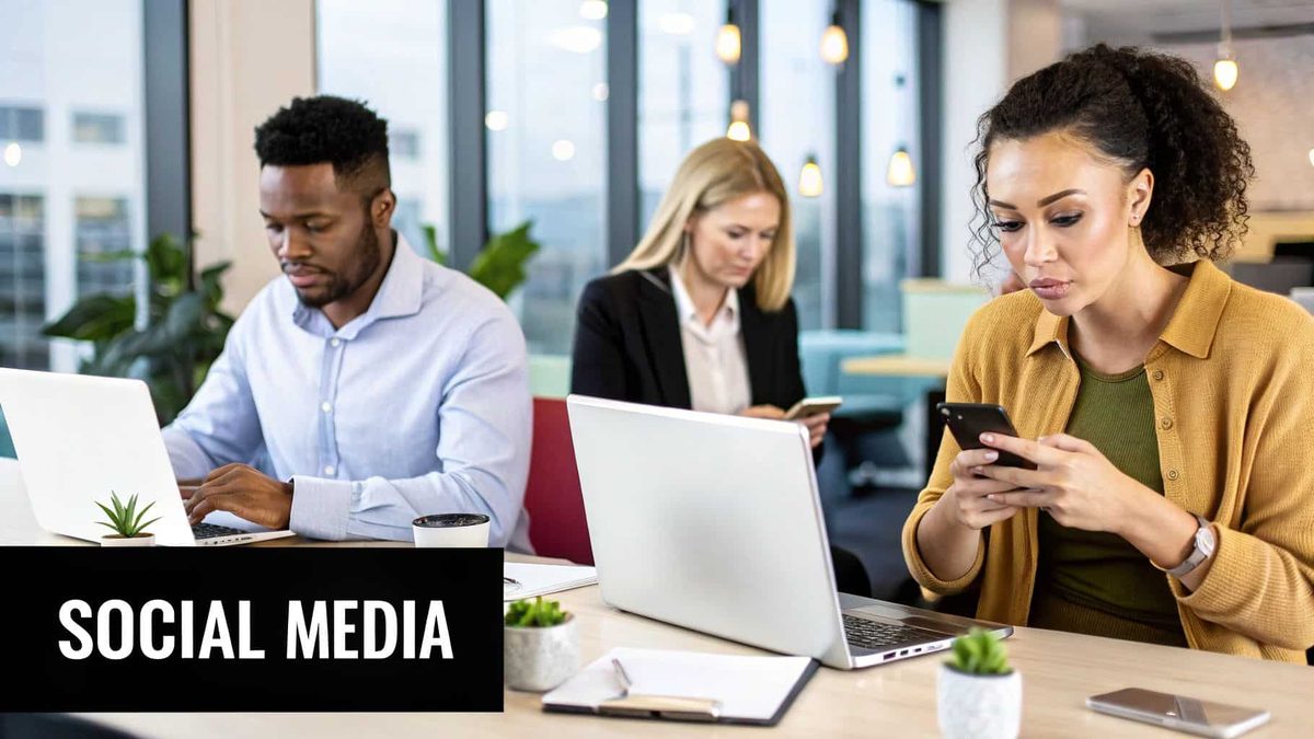 An illustration showing various social media marketing elements like likes, shares, comments, and engagement metrics on a mobile phone screen.